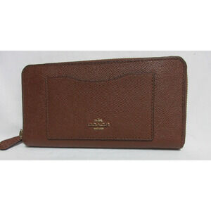 Coach Zip Around Wallet Cross Grain Leather Pebble Tan Buff Accordion Logo 8"x4"